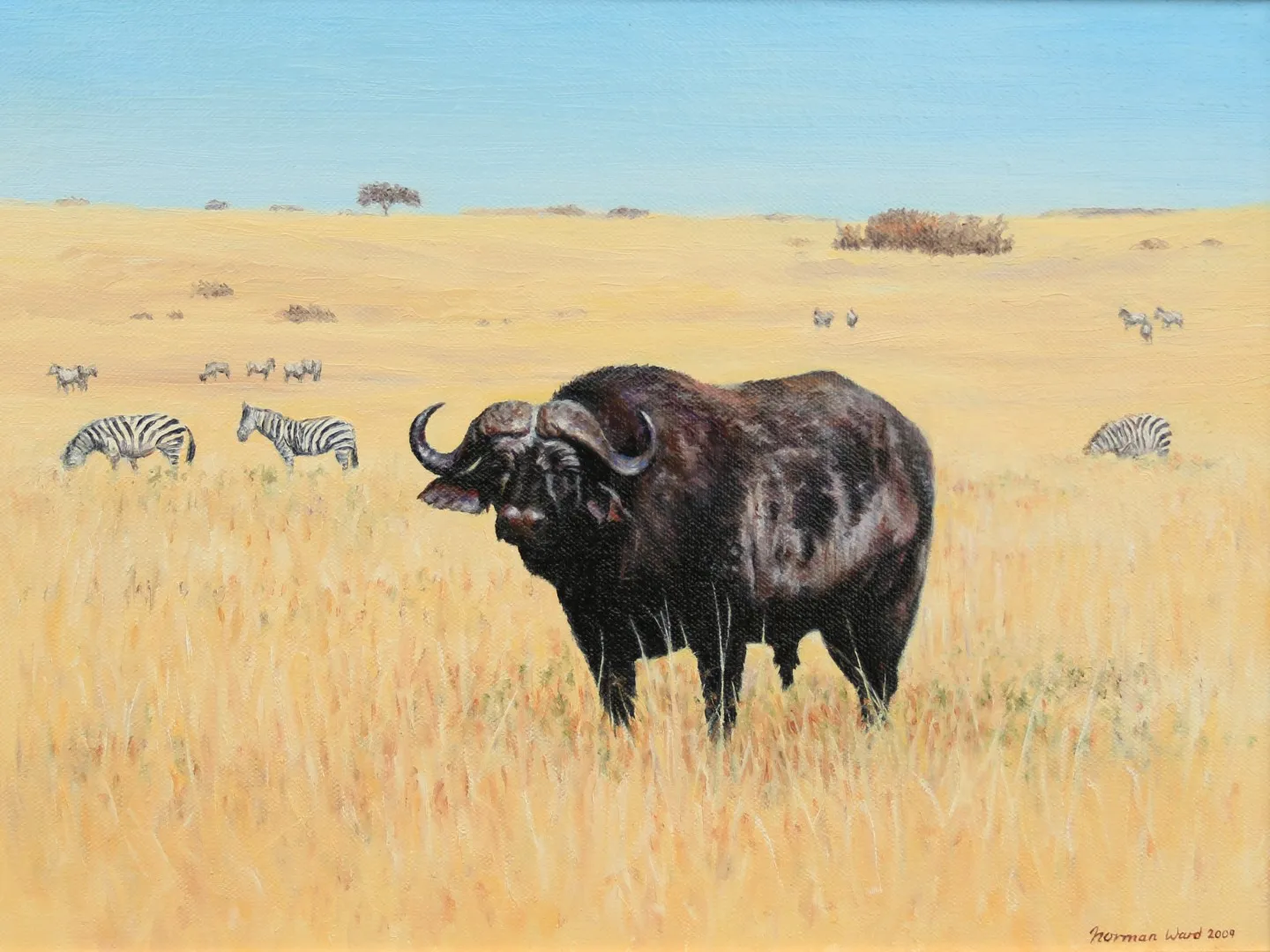 A painting of a Buffalo in the savannah