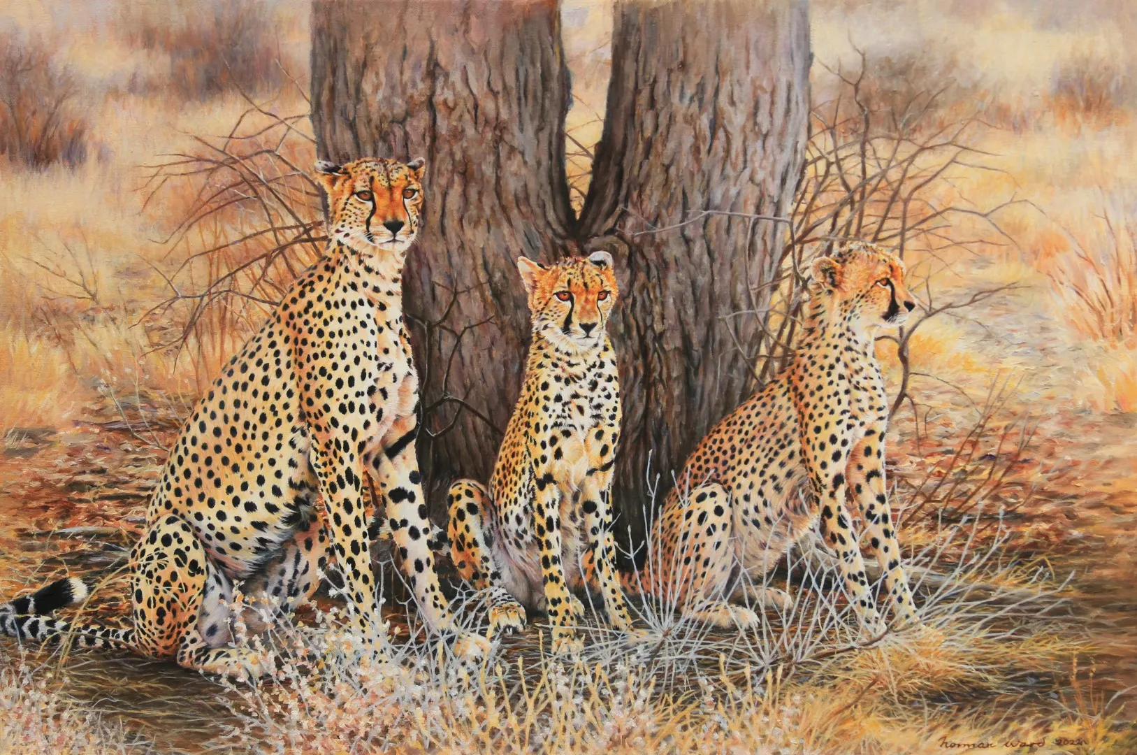 A painting of cheetahs in the savannah