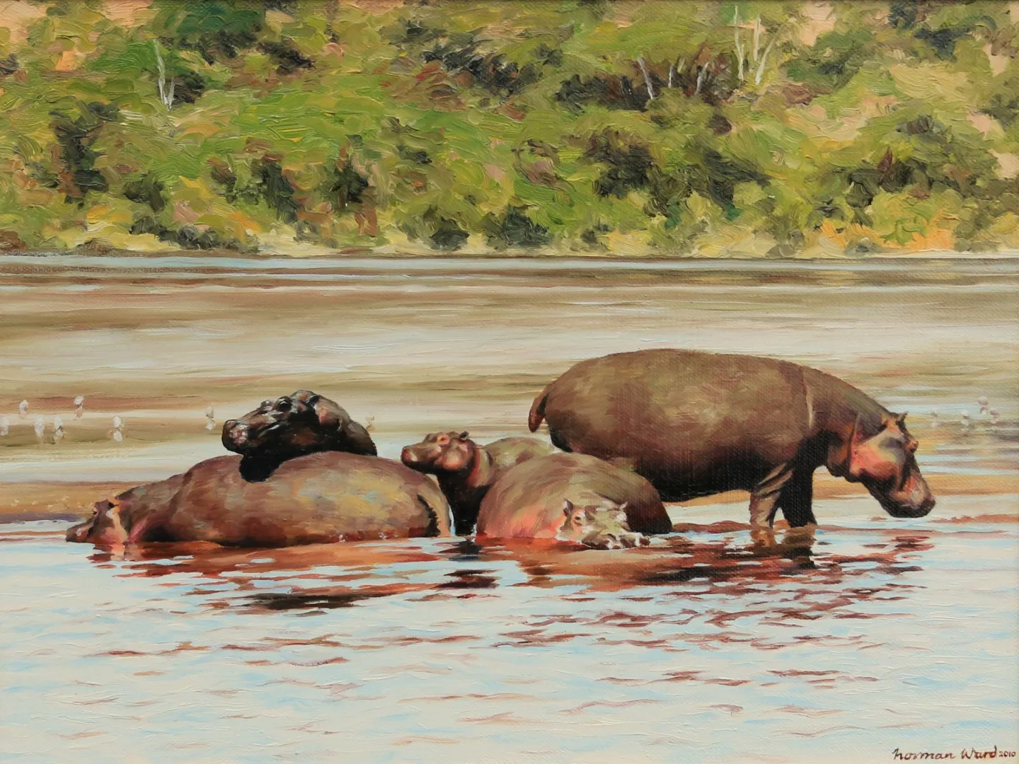 A painting of some Hippos in the savannah