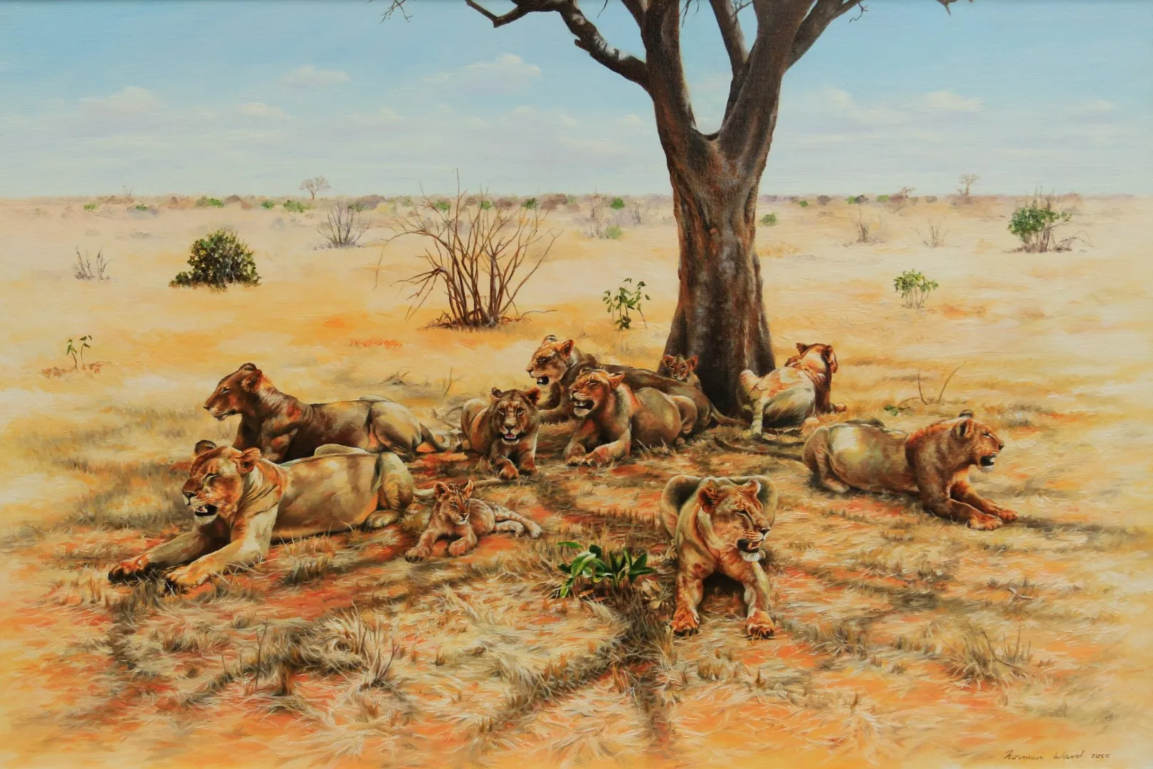 A painting of lions resting under a tree in the savannah